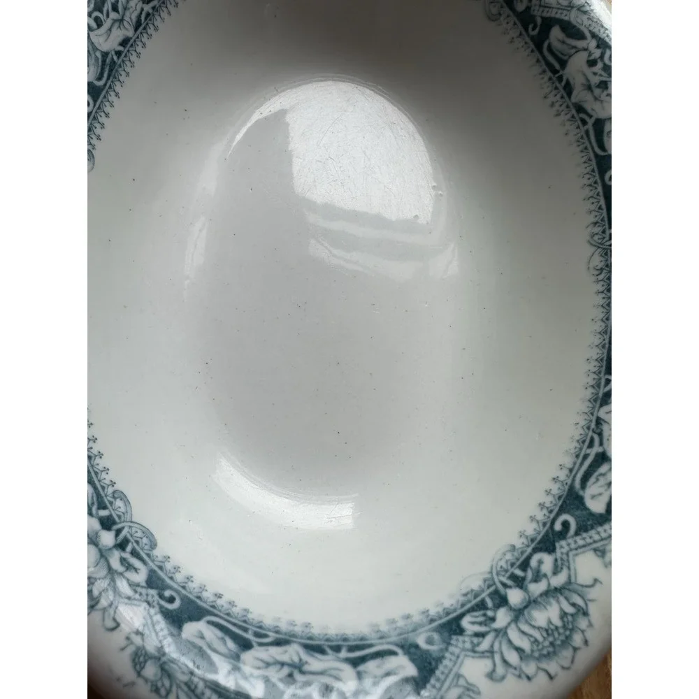Antique Higgins & Seiter England hotel ware oval stoneware serving bowl blue Flo
